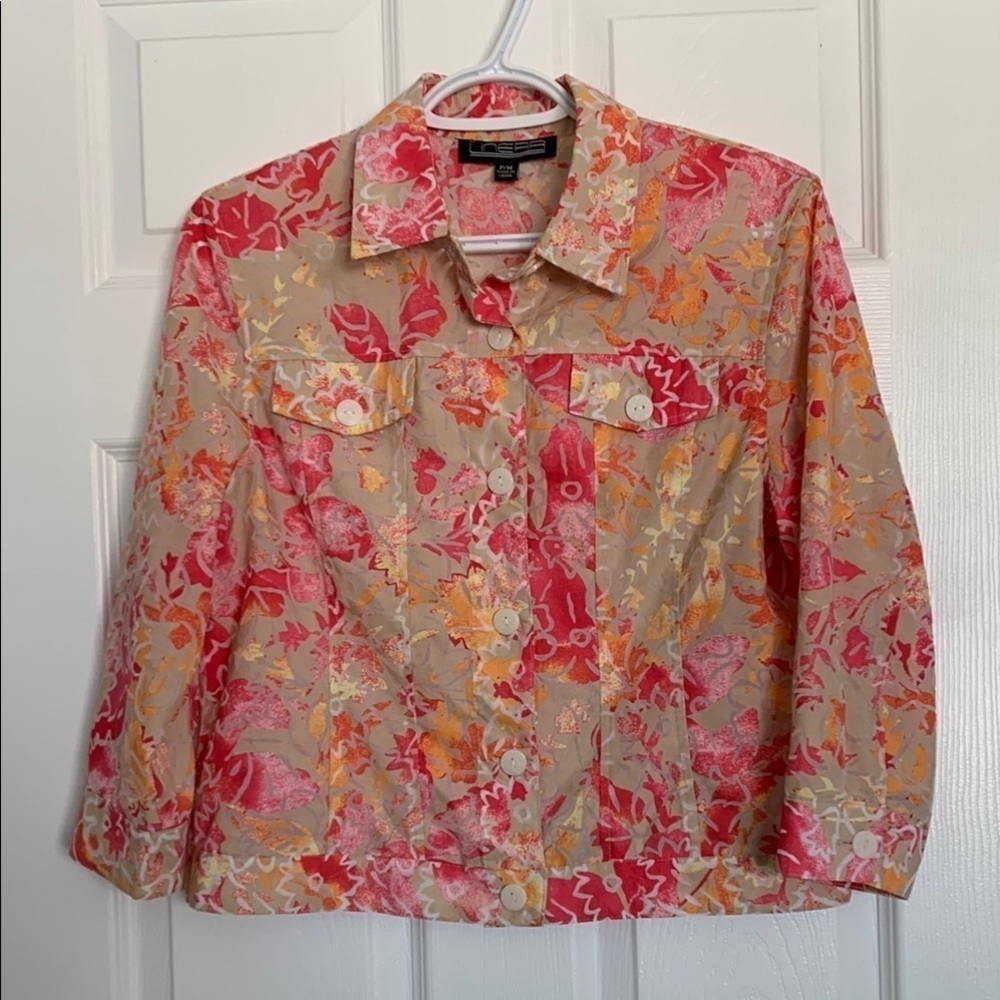 Floral Print Shirt Bright Pink Orange Lightweight ‘Jean Jacket Style’ Fun Cool
